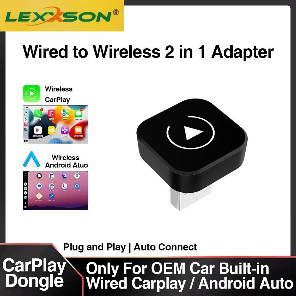 Bezprzewodowy adapter CarPlay Android Auto 2w1 Plug & PlayBezprzewodowy adapter CarPlay Android Auto 2w1 Plug & Play – wygoda bez kabli Uwolnij się od kabli i korzystaj z CarPlay oraz Android Auto bezprzewodowo dzięki kompaktowemu adapterowi 2w1, który zm