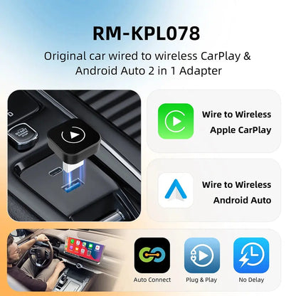 Bezprzewodowy adapter CarPlay Android Auto 2w1 Plug & PlayBezprzewodowy adapter CarPlay Android Auto 2w1 Plug & Play – wygoda bez kabli Uwolnij się od kabli i korzystaj z CarPlay oraz Android Auto bezprzewodowo dzięki kompaktowemu adapterowi 2w1, który zm