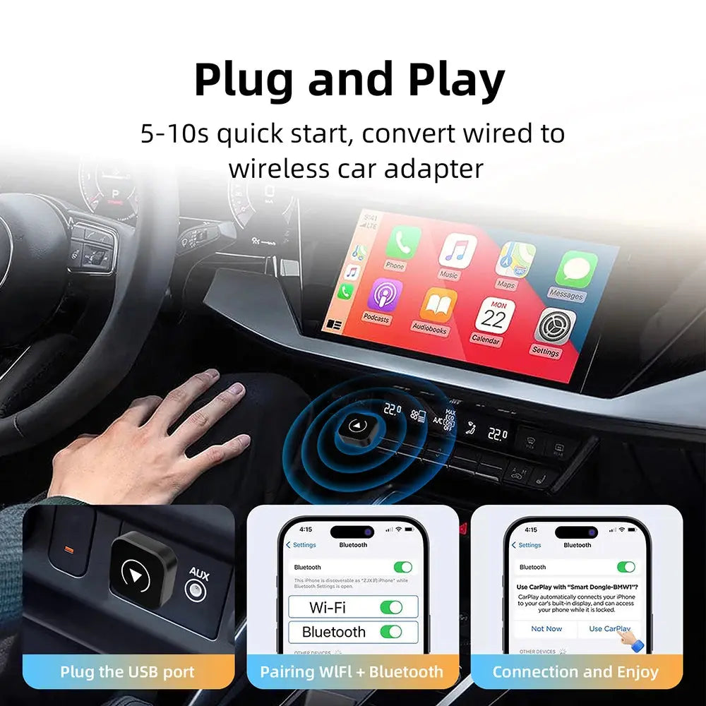 Bezprzewodowy adapter CarPlay Android Auto 2w1 Plug & PlayBezprzewodowy adapter CarPlay Android Auto 2w1 Plug & Play – wygoda bez kabli Uwolnij się od kabli i korzystaj z CarPlay oraz Android Auto bezprzewodowo dzięki kompaktowemu adapterowi 2w1, który zm